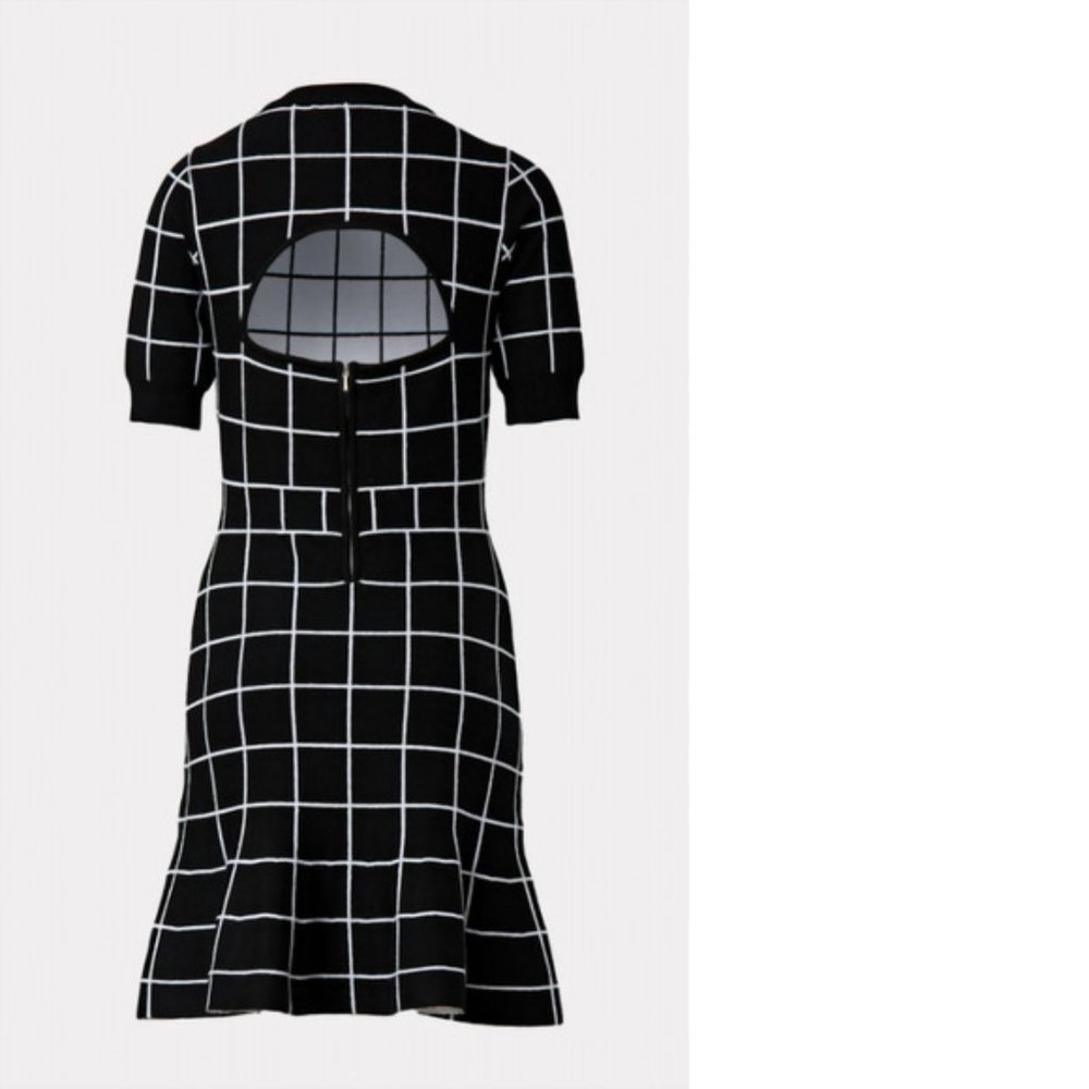 MILLY Black & White Windowpane Knit A-Line Dress – Open Back – Size M - Picture 16 of 16